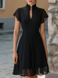 Chiffon Mandarin Collar Flutter Sleeve A Line Dress Black 2