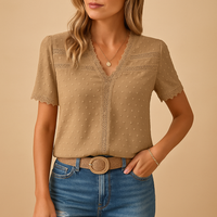 Clovaine | Women's V-Neck Lace Trim Short Sleeve Blouse