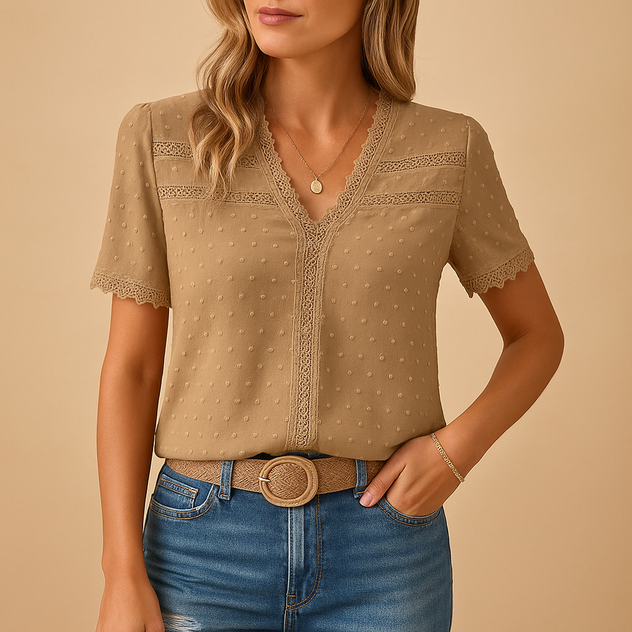 Clovaine | Women's V-Neck Lace Trim Short Sleeve Blouse