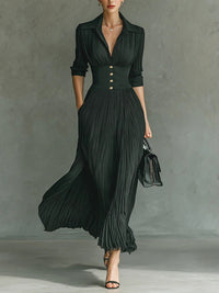 Cordanna | Women's Collared Pleated Long Sleeve Maxi Dress