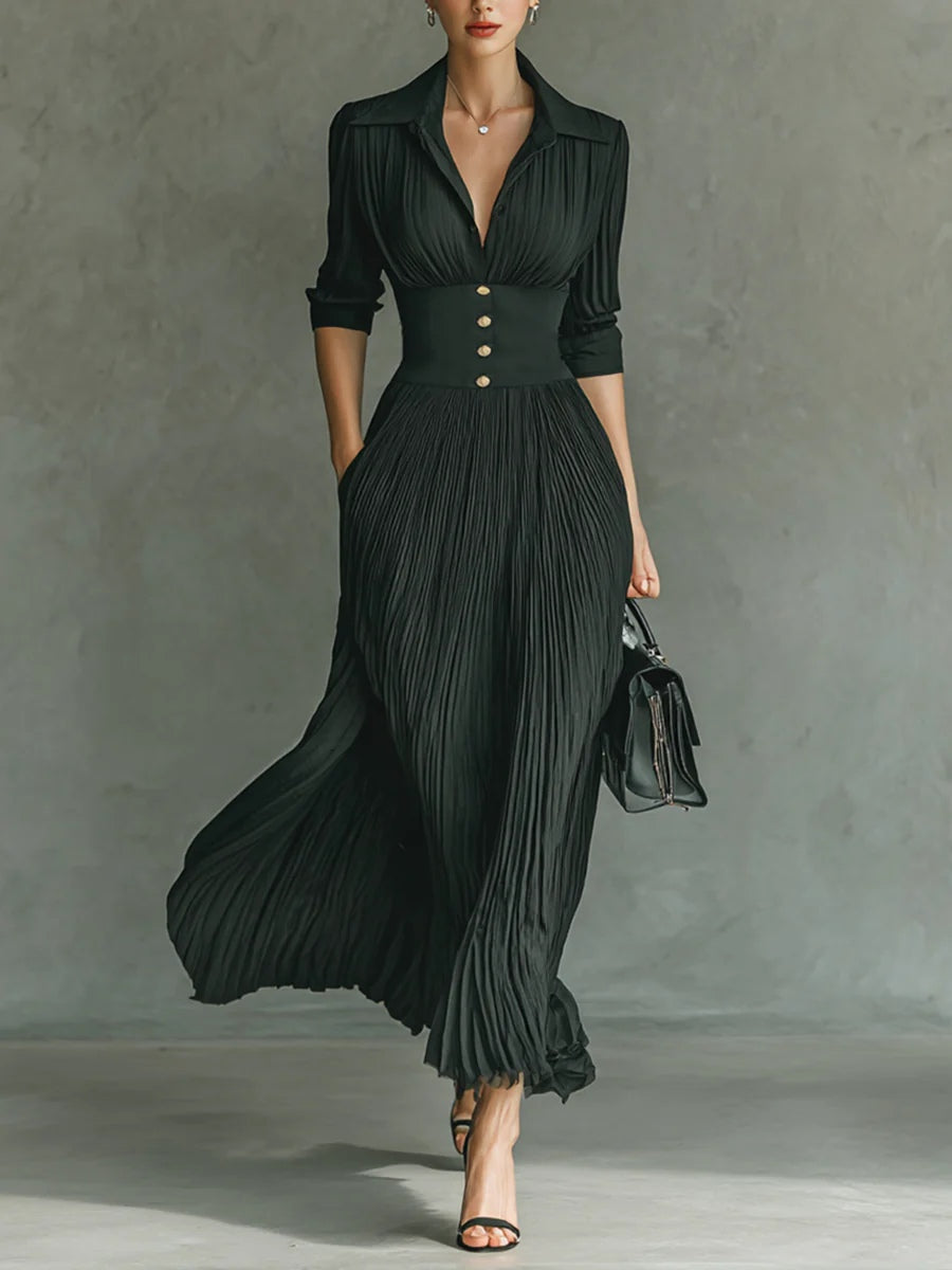 Cordanna | Women's Collared Pleated Long Sleeve Maxi Dress