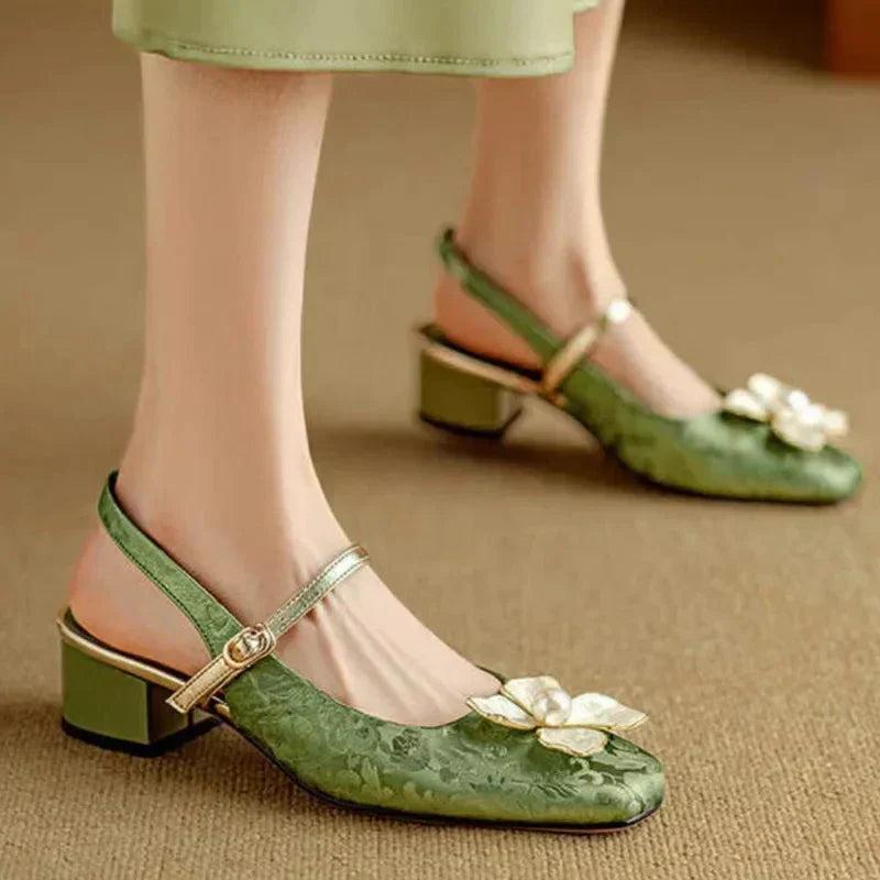Cordette | Women's Floral Slingback Square Toe Block Heels