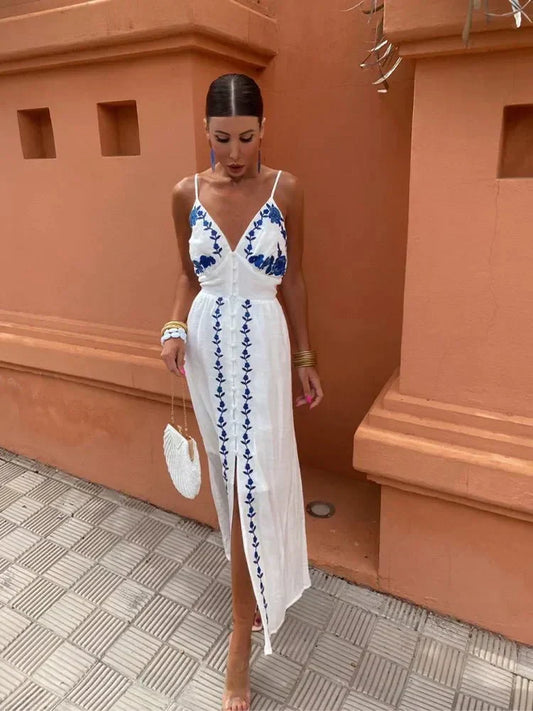 Cordulla | Women's Embroidered V-Neck Maxi Dress