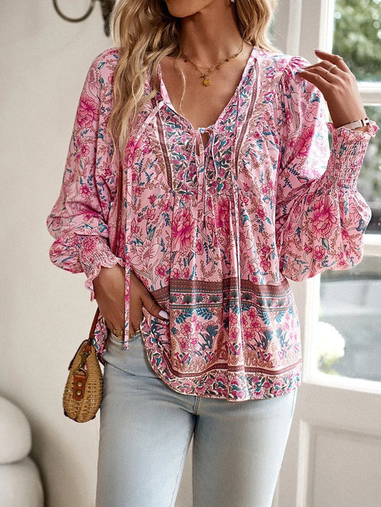 Cordwyn | Women's Floral V Neck Long Sleeve Blouse