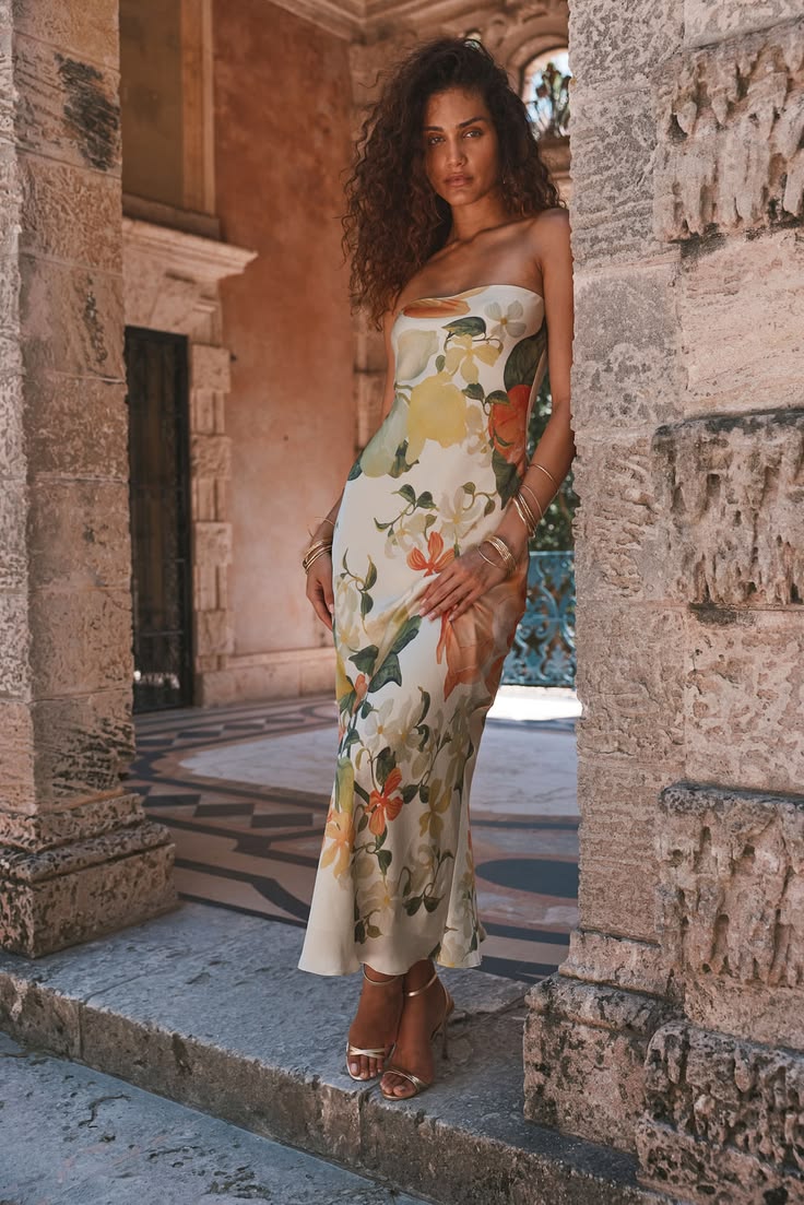 Cream Camille Floral Strapless Maxi Dress