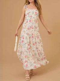 Cream Floral Smocked Tiered Maxi Dress With Tie Straps