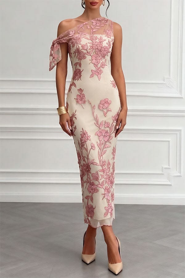 Cream Kylen Floral Embroidery Bow Lace One Shoulder Sleeveless Sheath