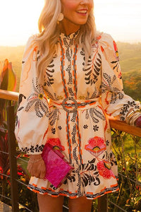 Cream Puff Long Sleeves Button Up Floral Print Ruffle Mini Dress