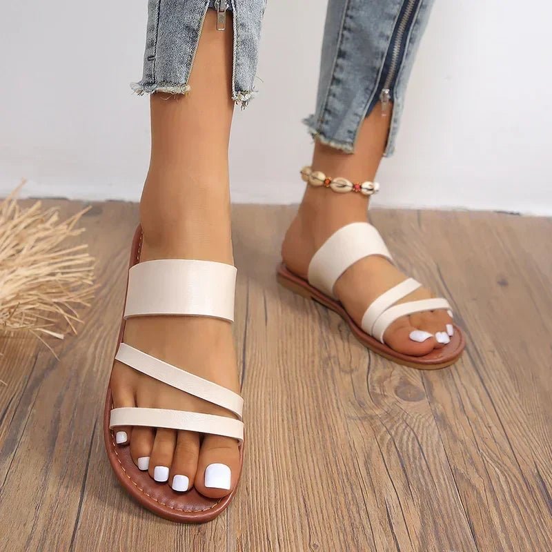 Camila | Cross-Strap Sandals Cushioned Flat Slip-On Summer Beige