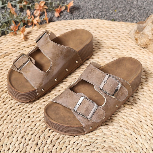 Eleanor | Cross-Strap Sandals Platform Buckle Cushioned Comfort Khaki