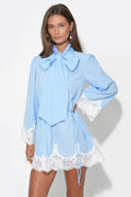 Light Blue Victoria Neck Tie Lace Trim Stripe Mini Dress
