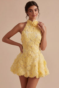 Floral Halter A Line Daffodil Short Backless Homecoming Dress With