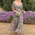 Madison | Chiffon Off-Shoulder Midi Dress Ruched Twist Front