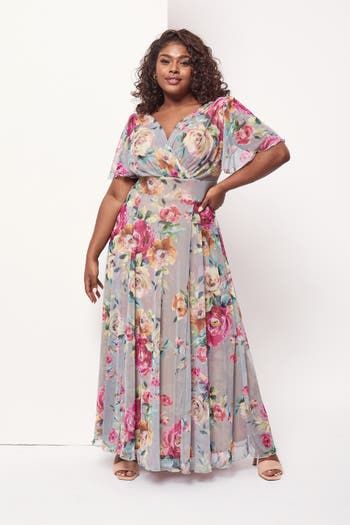 Scarlett & Jo Isabelle Printed Angel Sleeve Maxi Dress In Silver Pink