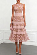 Rosmie Flower Mesh Lace Colorblock Boat Neck Sleeveless A Line Midi