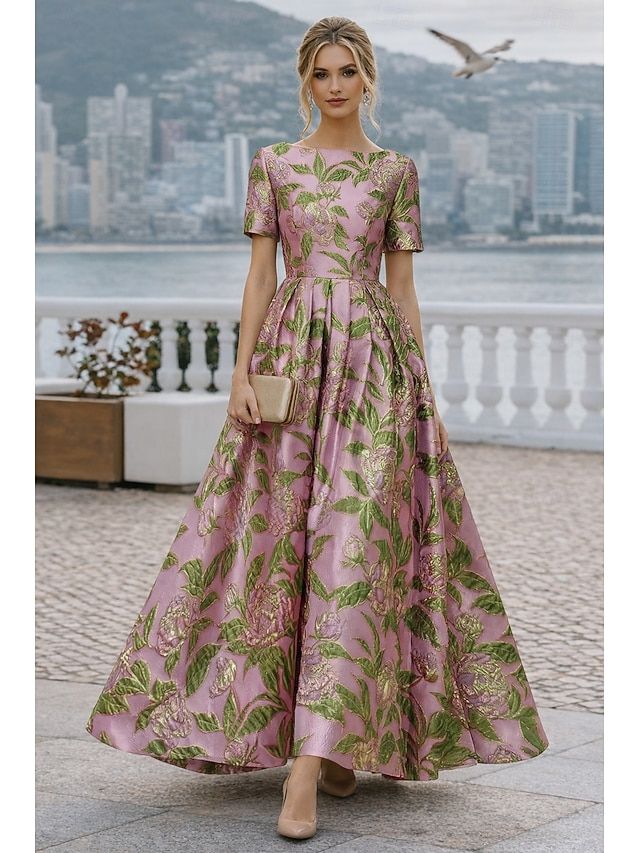 A Line Floor Length Formal Dress Cocktail Dress Elegant Short Sleeve