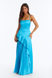 Women's Veronica Pleated Ruffle Satin Gown Dress In Blue Size Large