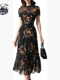 Floral Mesh Maxi Dress With Ruffles, Short Sleeve, High Waist, Casual