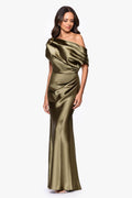 Sofia Satin Drop Shoulder Floor Length Dress Olive