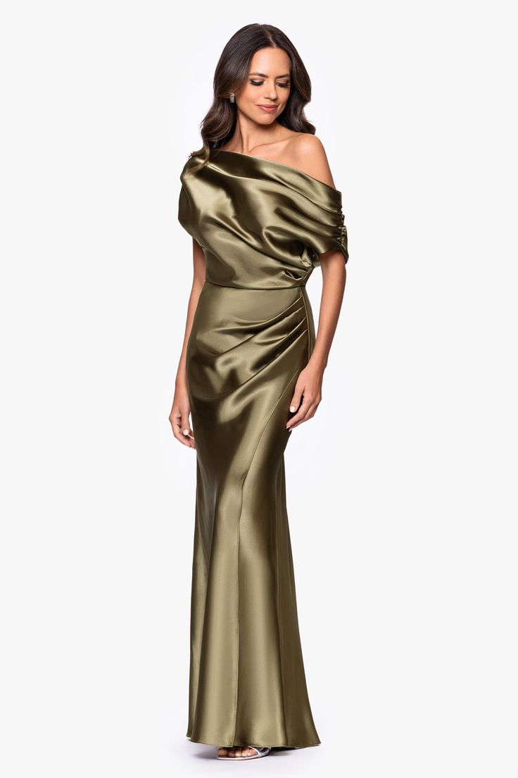 Sofia Satin Drop Shoulder Floor Length Dress Olive