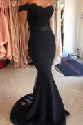 Cheap Mermaid Long Dress Lace Black Off The Shoulder With Sash Prom