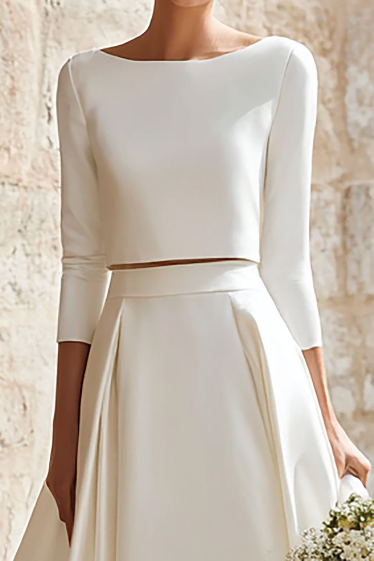 Ivory Satin 2 Piece A Line Boat Neck Long Wedding Dress With Sleeves