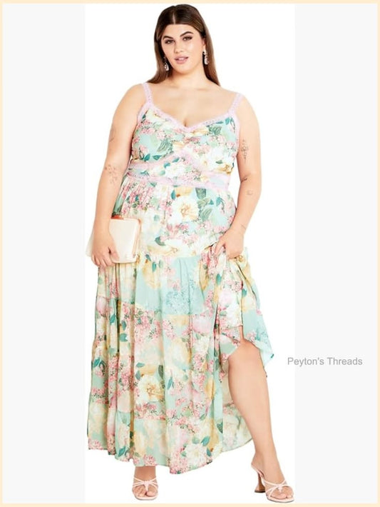 Plus Size Lace Strap V Neck Tiered Maxi Dress With Pockets Color: Red