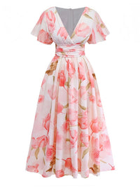 Pink 1950s Floral Print V Neck Puff Sleeve Maxi Dress Pink