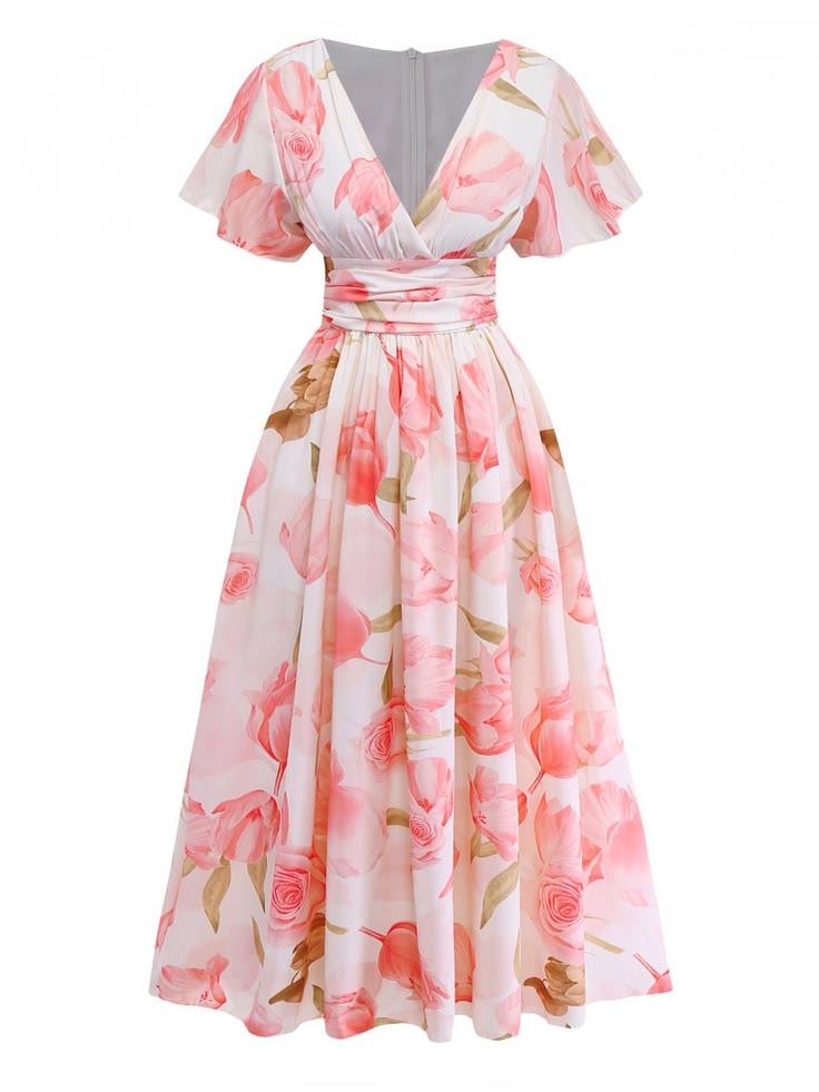Pink 1950s Floral Print V Neck Puff Sleeve Maxi Dress Pink