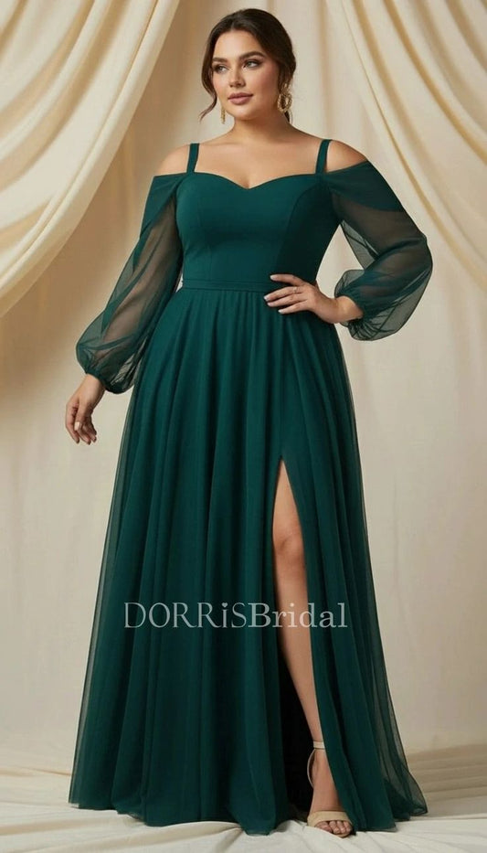 Plus Size Dark Green Strapless V Neck Tulle Bubble Sleeve High Slit