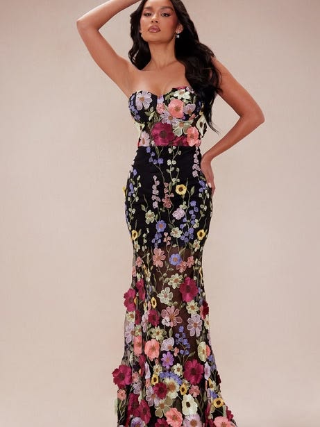 Fashion Nova Dress Spring Bloom Floral Embroidered Maxi Dress Black