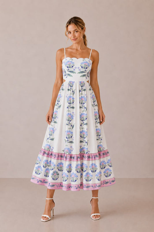 The Arabella Floral Border Midi Dress Small Cream