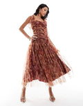 Lace & Beads Drop Waist Bow Shoulder Midaxi Dress In Rose Print