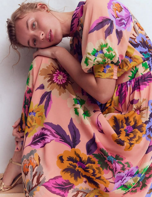 High Neck Blouson Sleeve Dress Multi Opulent Blossom