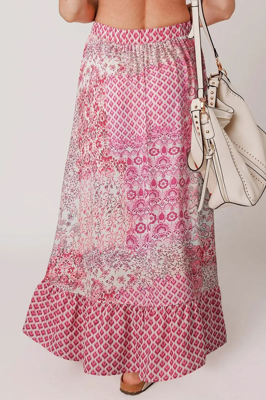 Printed Tassel Drawstring High Waist Maxi Skirt Dusty Pink