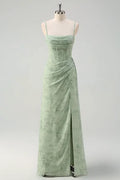 Dusty Sage Mermaid Corset Ruched Chiffon Long Floral Dress With Slit