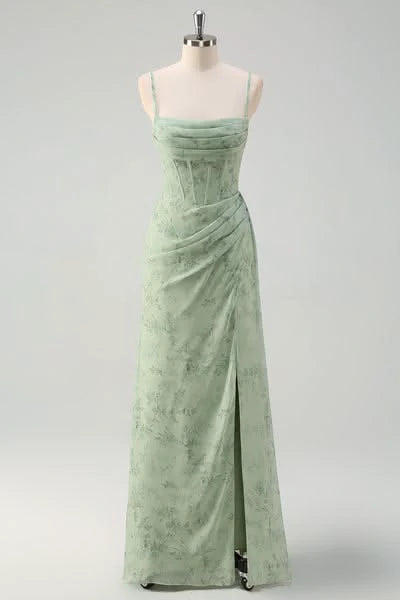Dusty Sage Mermaid Corset Ruched Chiffon Long Floral Dress With Slit