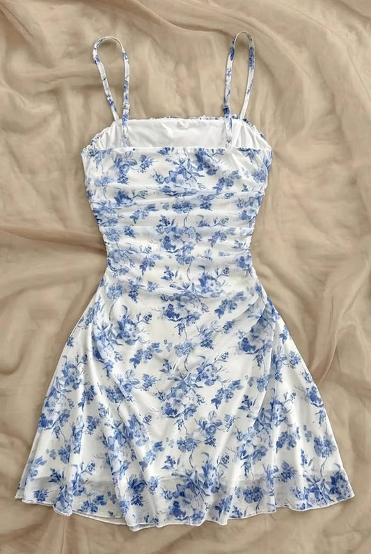 Sweet Floral Print Mini Dress For Women Light Blue