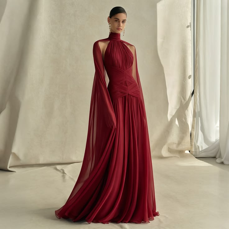 Luxury Wine Red Pleated Chiffon Evening Dress With Cape