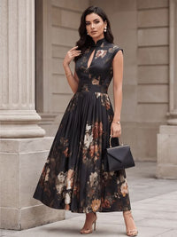 Vintage Style Floral Midi Dress, High Neck Qipao Inspired Dress,