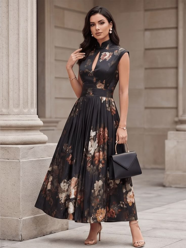 Vintage Style Floral Midi Dress, High Neck Qipao Inspired Dress,
