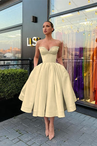 White Satin Strapless Sweetheart Sleeveless High Waist Long A Line