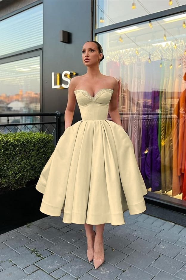 White Satin Strapless Sweetheart Sleeveless High Waist Long A Line