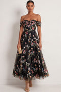 Black Floral A Line Embroidered Off The Shoulder Long Formal Dress