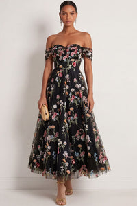 Black Floral A Line Embroidered Off The Shoulder Long Formal Dress