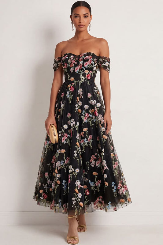 Black Floral A Line Embroidered Off The Shoulder Long Formal Dress