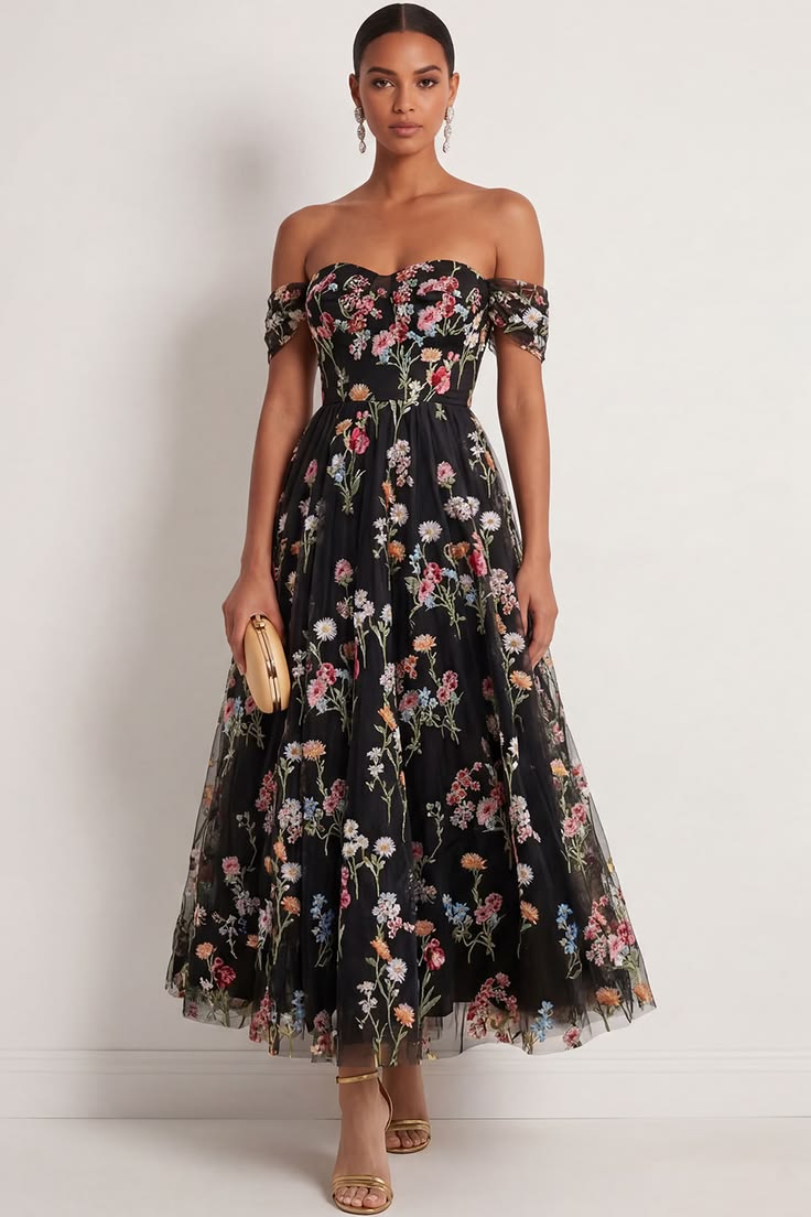 Black Floral A Line Embroidered Off The Shoulder Long Formal Dress