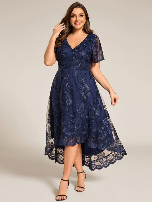Pretty Tidal Plus Size Short Sleeves Embroidered Mesh A Line V Neck