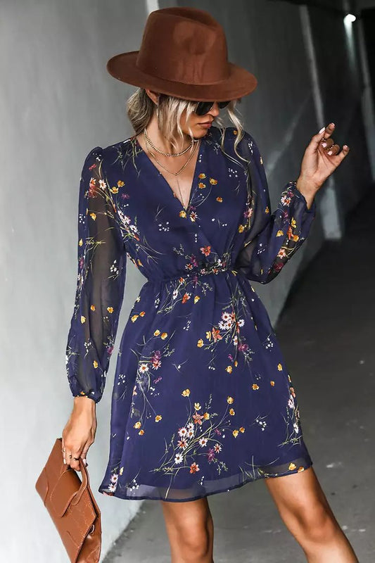 Realm Of Sky Floral Print Chiffon A Line Mini Dress