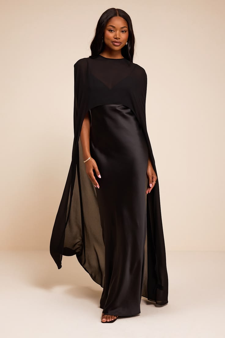 Cavana Black Satin Cape Maxi Dress
